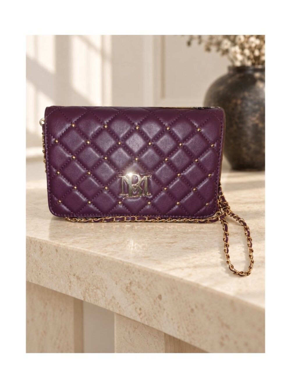 Badgley Mischka BM-4158 Plum Diamond Quilted Gold Stud Crossbody Bag